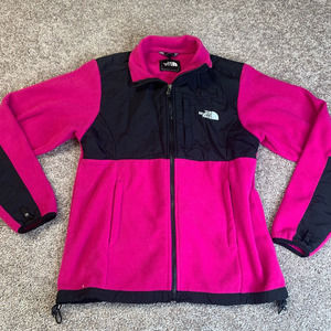 The North Face Womens Fleece Denali Jacket Pink Black Full Zip Pockets Logo L